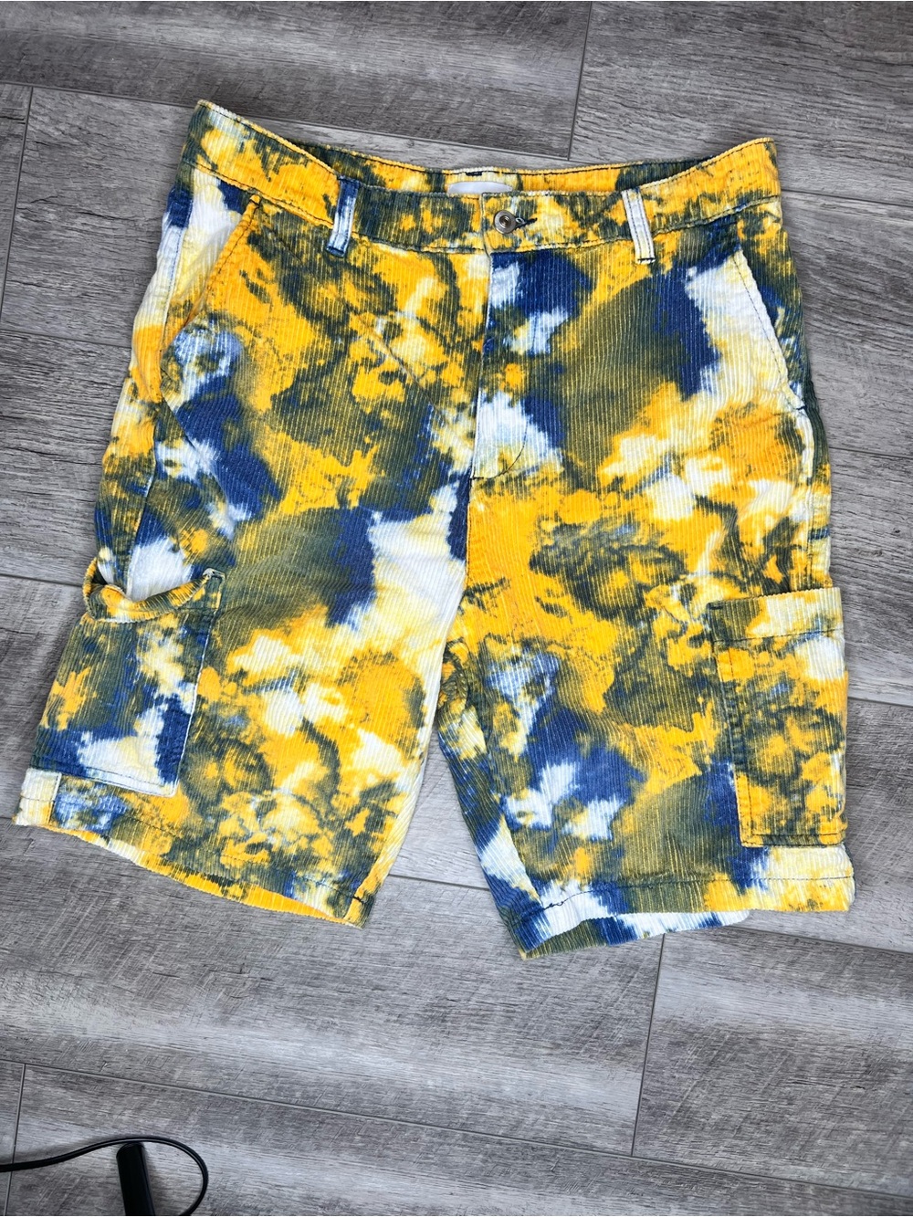 Topman Yellow Blue Tie-Dye Corduroy Cargo Shorts - Men